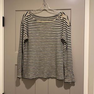 Navy and White Striped Cotton Crew Neck Top, Loft, Size M